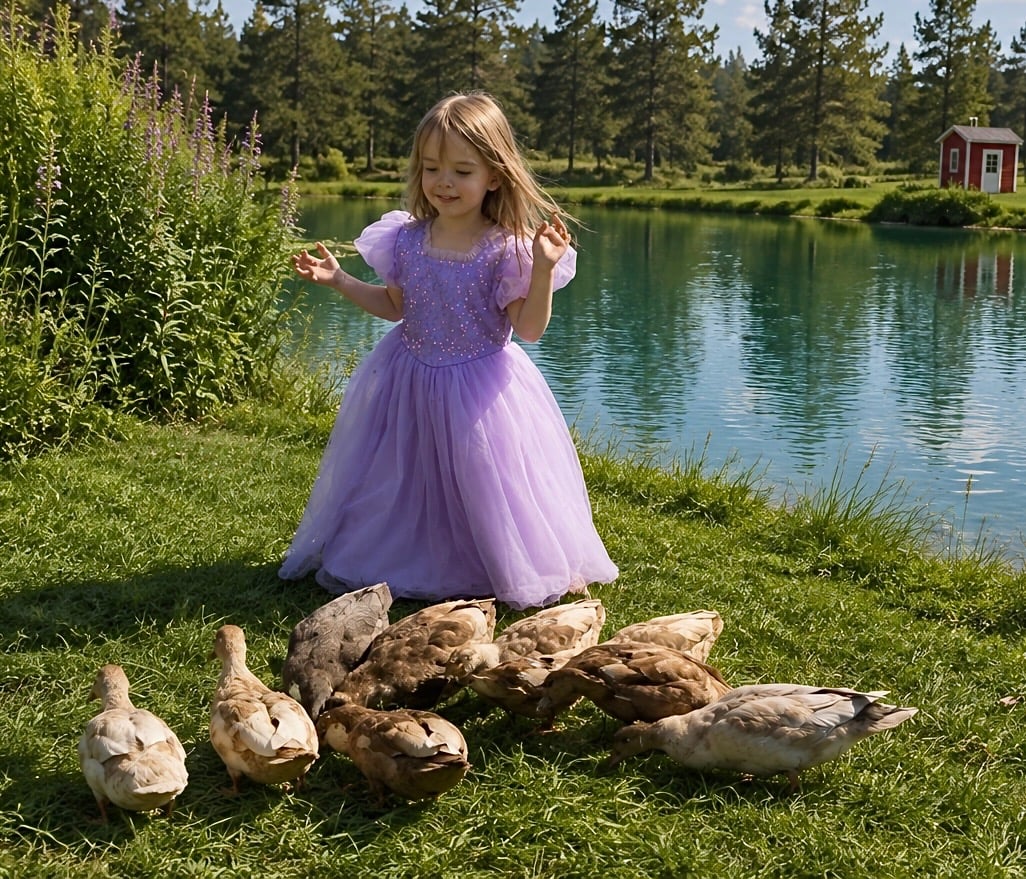 A young girl in a purple princess dress by the duck pond at Wilderness Valley Farm in Gaylord, Michigan