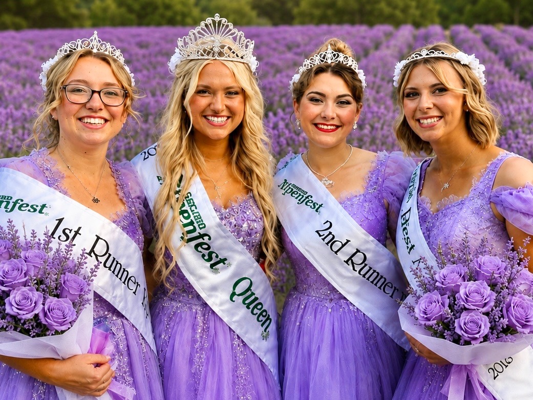 The Lavender Queen and her court in lavender gowns and crowns standing in the lavender field at Wilderness Valley Farm