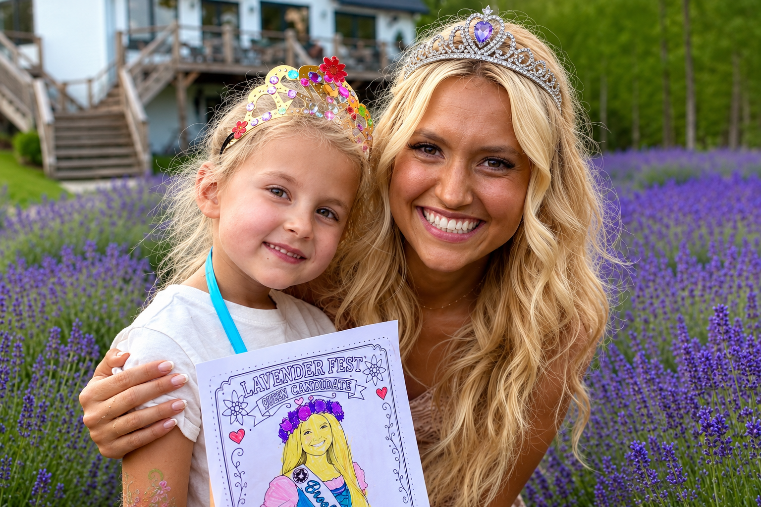 The Lavender Queen in her crown with a young guest holding a Lavender Fest coloring page at Wilderness Valley Farm