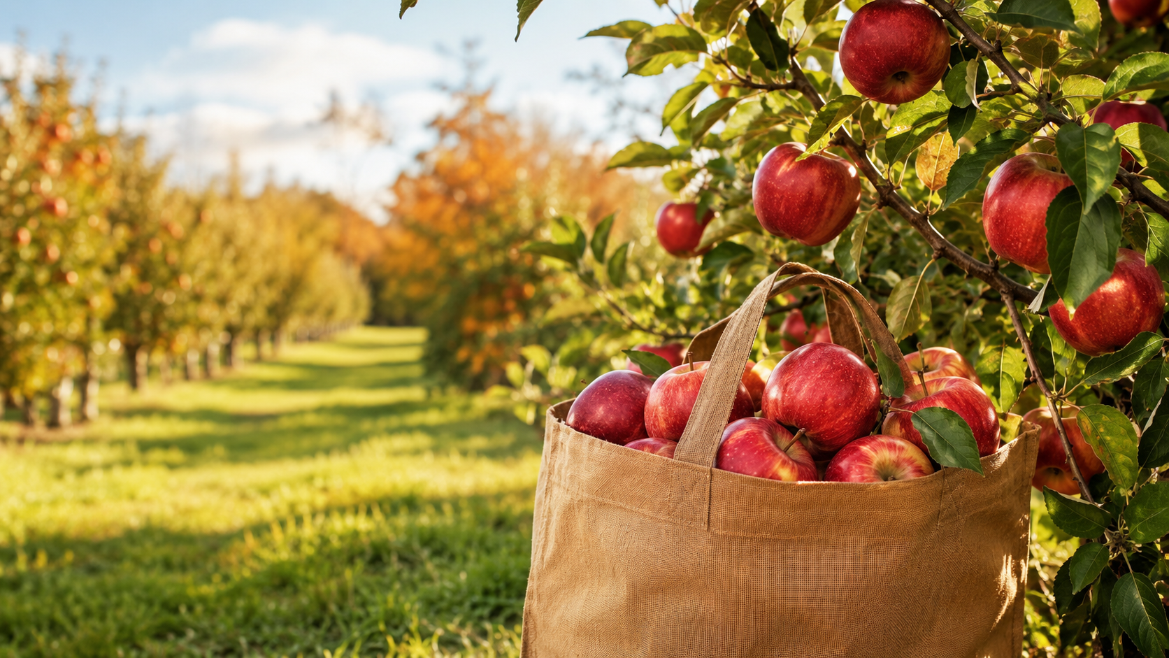 Filling a bag with apples picked straight off the tree at Wilderness Valley Farm near Gaylord, Michigan