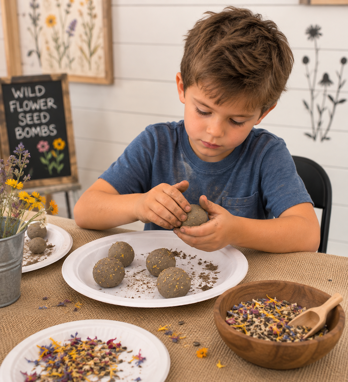 Kids making wildflower seed bombs for bees at Wilderness Valley Farm in Gaylord, Michigan